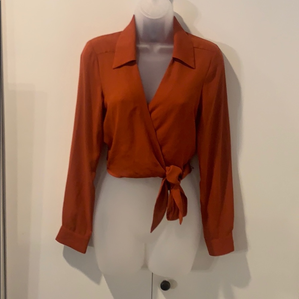 FOREVER 21 Rust Plunge Tie Wrap Blouse Top